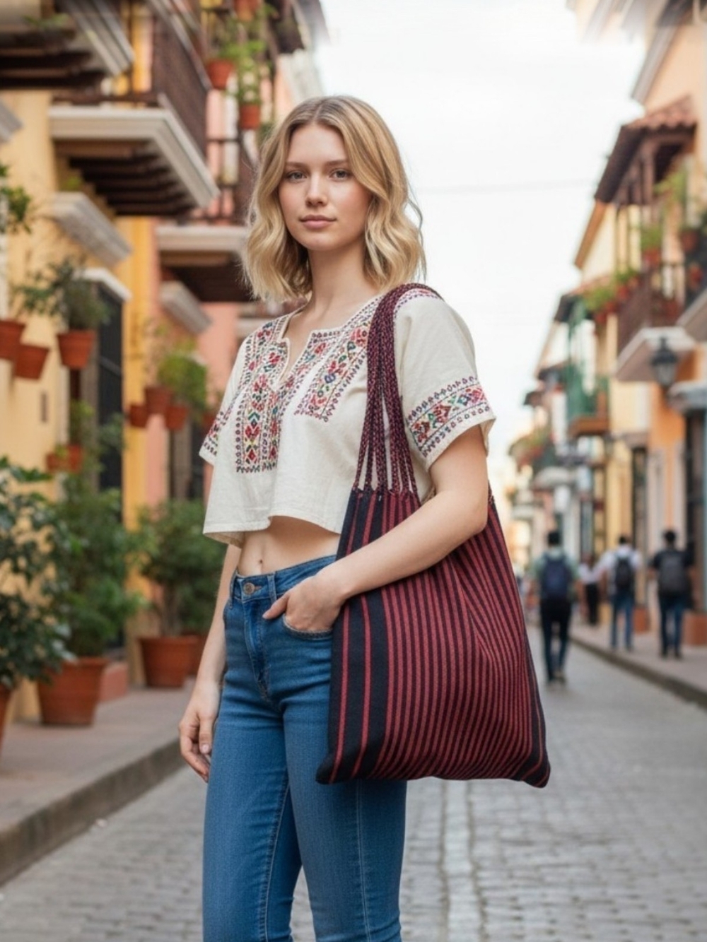 ✨️NWOT! From Yelapa Mexico! Striped Red And Black Multi-strap Handle Tote Bag!